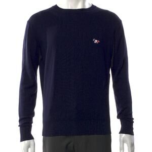 Maison Kitsune Tricolor Fox Patch Navy Wool Crewneck Raglan Sweater Mens M